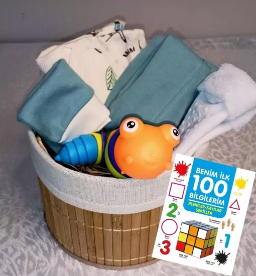 Yenidoğan Hediye - İki Dilli Erken Öğrenme & İlk Konfor Lüks Seti  / Benim İlk 100 Bilgilerim Renkler Sayılar Şekiller (Yuvarlak Hasır Sepet & Tak Çıkar Tırtıl)  Grupsal Ofis