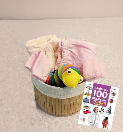 Yenidoğan Hediye - İki Dilli Erken Öğrenme & İlk Konfor Lüks Seti  Benim İlk 100 Bilgilerim Taşıtlar Eşyalar Meslekler (Yuvarlak Hasır Sepet & Tak Çıkar Tırtıl)  Yenidoğan Hediye