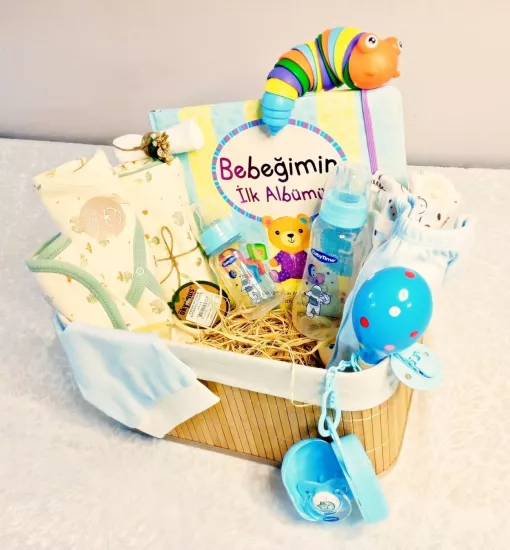 Battaniyeli Konfor & İlk İhtiyaçlar Lüks Bebek Seti (Hasır Sepet & Battaniyeli 5li Tulum Set & Biberon Set & 3lü Zıbın Set)  Grupsal Ofis
