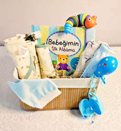 Battaniyeli Konfor & İlk İhtiyaçlar Lüks Bebek Seti (Hasır Sepet & Battaniyeli 5li Tulum Set & Biberon Set & 3lü Zıbın Set)  Grupsal Ofis