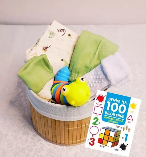 Yenidoğan Hediye - iki Dilli Erken Öğrenme & İlk Konfor Lüks Seti  / Benim İlk 100 Bilgilerim Renkler Sayılar Şekiller (Yuvarlak Hasır Sepet & Tak Çıkar Tırtıl)  Grupsal Ofis
