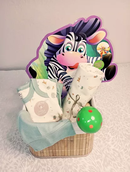 Yenidoğan Doğal Pamuk & İlk Hikayeler Lüks Seti - Zebra (Kare Hasır Sepet & Battaniyeli Zıbın)