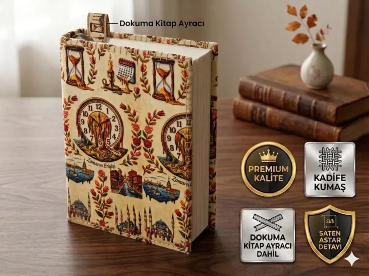 GOFİTAP - ZAMANIN ERİYİŞİ KADİFE KİTAP KILIFI- PREMİUM KALİTE- (SATEN ASTARLI, DOKUMA AYRAÇLI, ÇİFT DİKİŞLİ DAYANIKLI TASARIM)